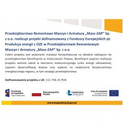 plakat dofinansowanie Produkcja energii z OZE w Przedsiębiorstwie „Masz-ZAP” Sp.z o.o.