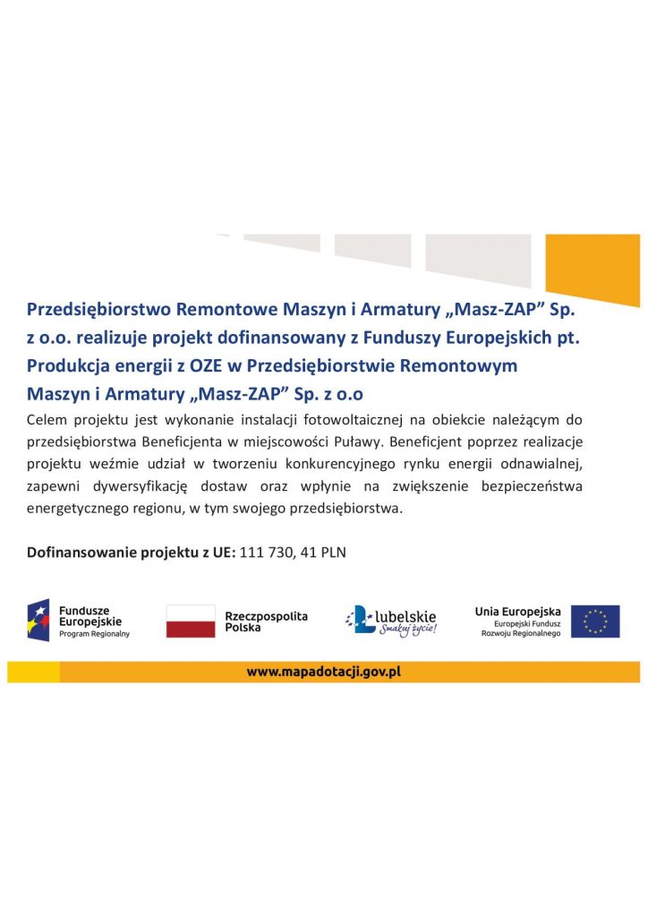 plakat dofinansowanie Produkcja energii z OZE w Przedsiębiorstwie „Masz-ZAP” Sp.z o.o.